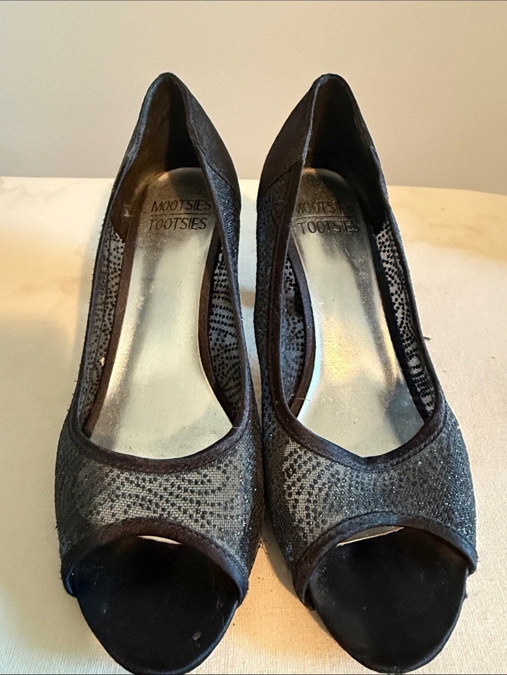 Mootsies Tootsies Black Peep-Toe Heels with Subtle Sparkle